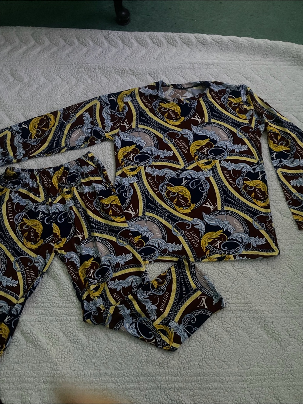 Printed Long Sleeve Pajama Set in Brown & Yellow